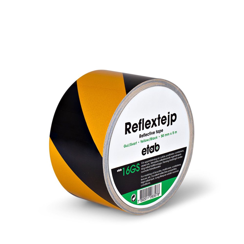 Reflextejp etab 16 50mmx5m gul/svart - Wulff Supplies